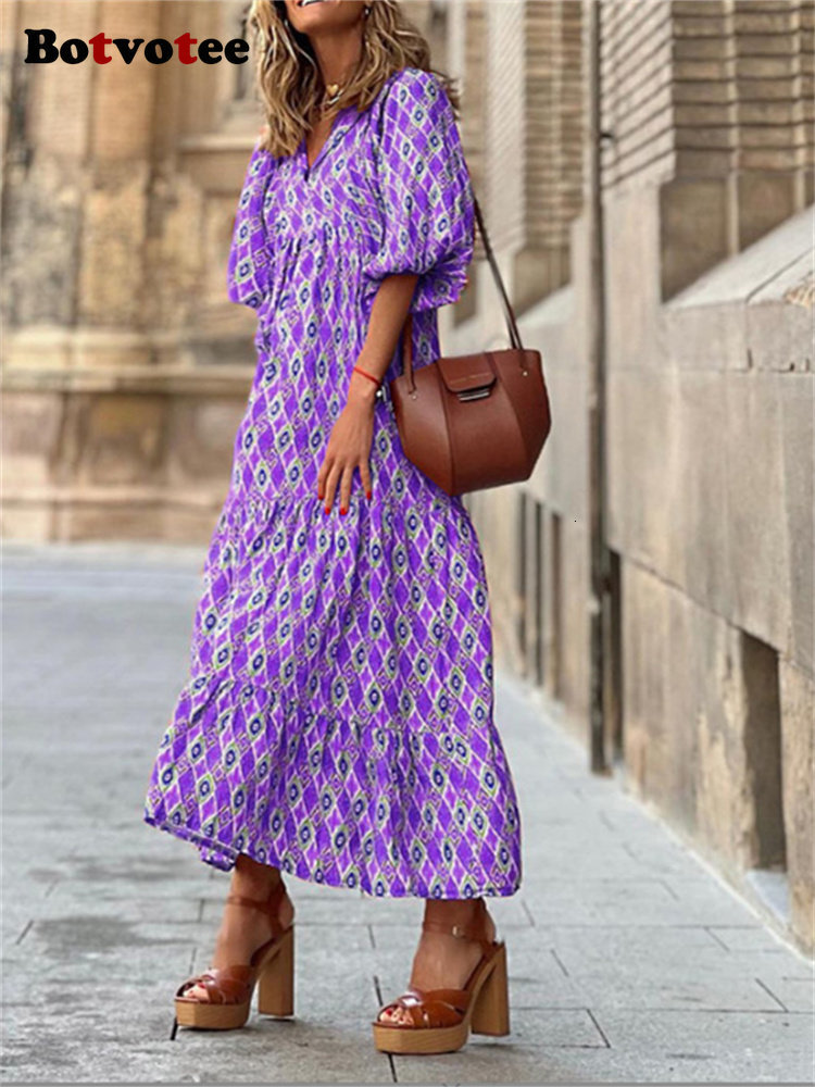 Casual Dresses Botvotee Maxi Dress for Women Geometric Print Puff Sleeve V Neck Elegant Summer Dresses Casual Oversized A Line Long Dress 230313
