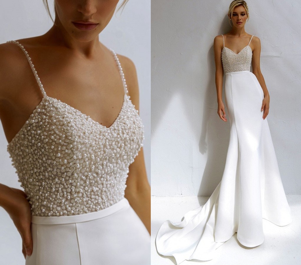 Beaded Pearl Mermaid Wedding Dresses 2023 Spaghetti Straps Sweatheart Satin Bridal Gowns Robe De Mariee Civil For Women New, White
Beaded Pearl Mermaid Wedding Dresses 2023 Spaghetti Straps Sweatheart Satin Bridal Gowns Robe De Mariee Civil For Women New, White