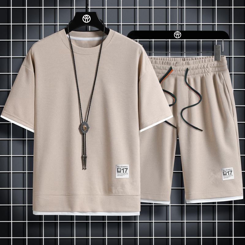 Men's T-Shirts Summer Men's Set Waffle T-Shirt Shorts Tracksuit Mens Streetwear Short Sleeve 2 Pieces Set Casual Men Sports Suit Clothing 23