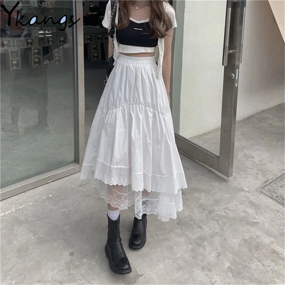 Skirts Vintage Black Gothic Y2K Long Skirt Autumn Lace Stitching Irregular Pleated Skirt Women White Korean Solid Hip Hop Streetwear 230313