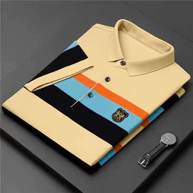 Men's T-Shirts Short Sleeve T-shirt Polo Shirt Men's Summer Stripe Lapel Slim Casual Versatile Tees Clothes Fashion Embroidery Pullover 2303