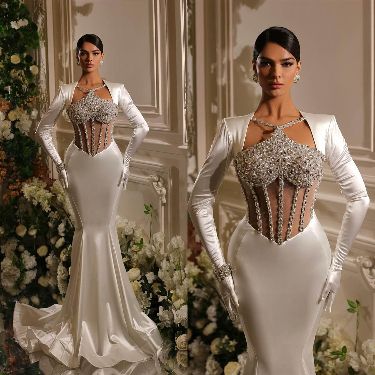 Brilliant Mermaid Wedding Dresses Jewel Hollow Beads Long Sleeves Applicants Satin Cascading Ruffles Floor Length Custom Made Plus Size Vestidos De No