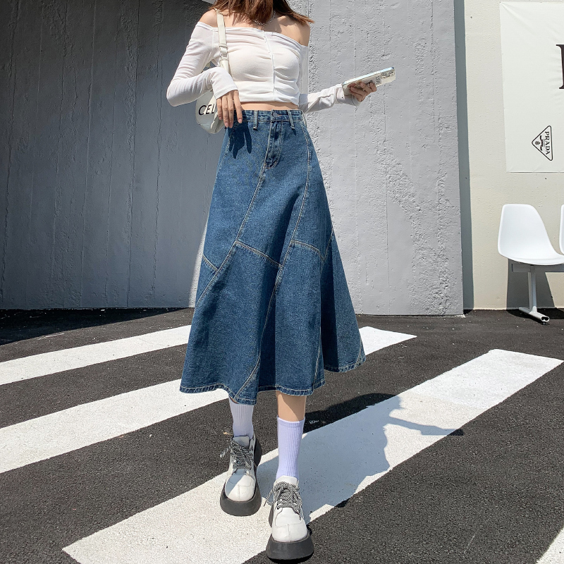 Skirts Vintage Women Denim Trumpet Skirt Streetwear Casual Irregular Patchwork A Line High Waist Ladies Mermaid Jean plaid Skirt 230313