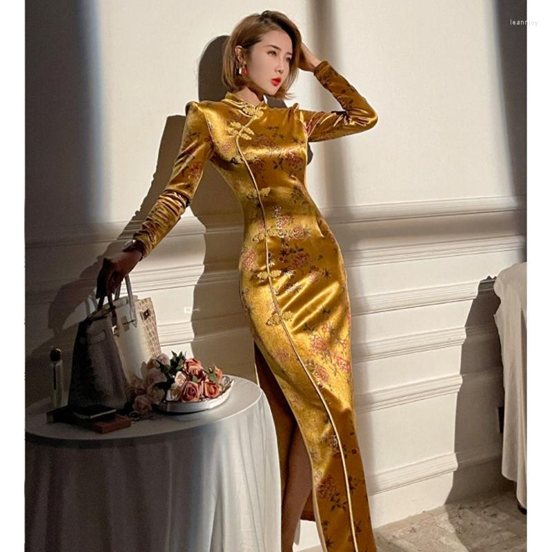 Ethnic Clothing Classic Women Cheongsam Bronzing Printing Sexy Evening Dress Yellow Chinese Ladies Qipao Autumn Winter Slim Party Robe Gown
Ethnic Clothing Classic Women Cheongsam Bronzing Printing Sexy Evening Dress Yellow Chinese Ladies Qipao Autumn Winter Slim Party Robe Gown