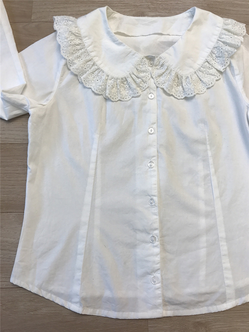 Women's Blouses Shirts Japanese Kawaii Sweet Womens White Blouses Cute Button Down Peter Pan Collar Lace Top Lolita Cotton Long Sleeve Vintage Sh