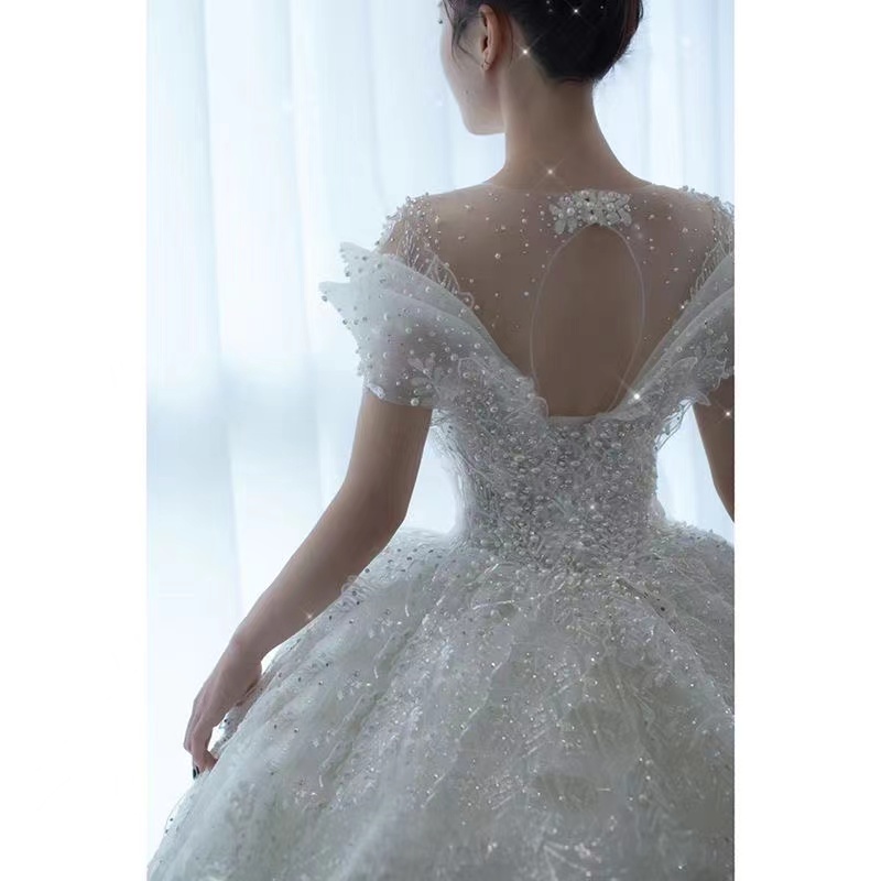 Plus Size ball gown Wedding Dresses Long beaded Puffy Tulle Bridal Gowns Appliqued Lace Ruched Open Back African Bride Dress Vestido De Novia 2023