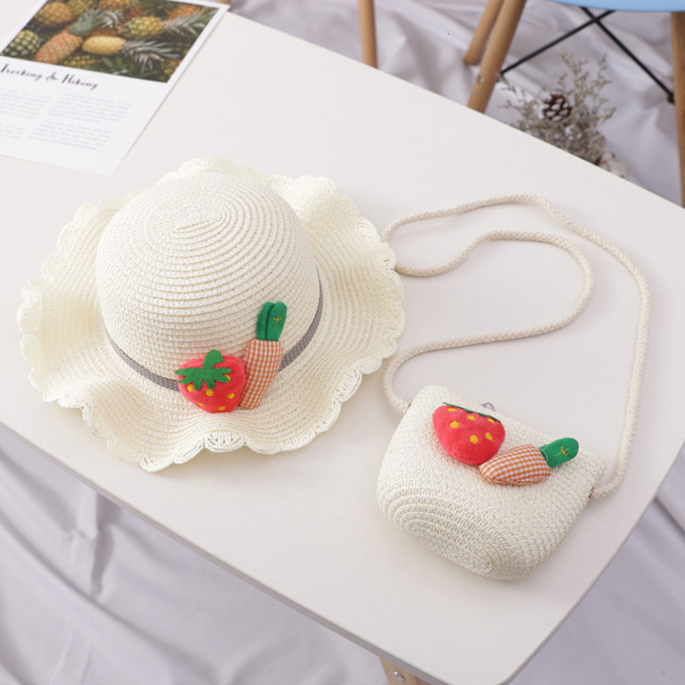 Caps Hats 2 Pcs/set Baby Girl With Bag Hat Hand Made Summer Carrot Bucket Cap Cute Strawberry Doll Crossbody Bag Straw Woven Accessories 230313