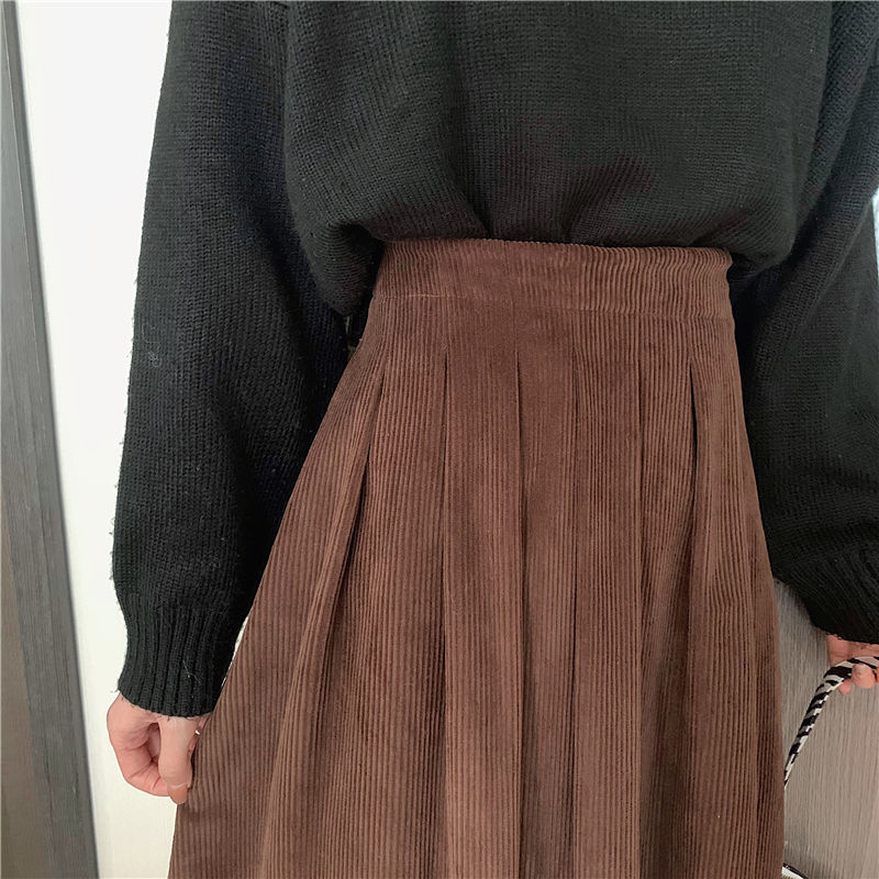 Skirts Autumn Winter Women's Corduroy Midi Skirts Vintage Brown Black High Waist A-line Skirts Female Fashion Long Skirt 230313