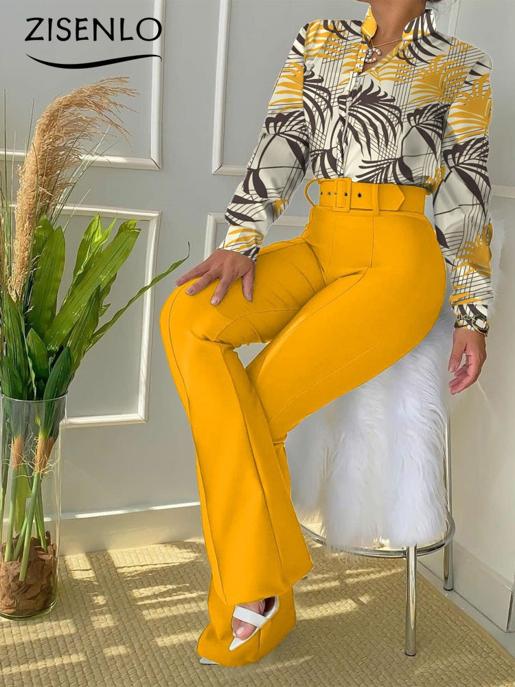 Chic Two-Piece Printed Shirt And High-Waisted Pants Set: Casual Fashion Suit For Women ()