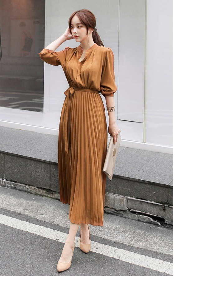 Casual Dresses Elegant Chiffon Long Sleeve Shirt Dress Women Belt Lace Up A-line Pleated Maxi Dress Korean Fashion Fall Clothes Streetwear 230313