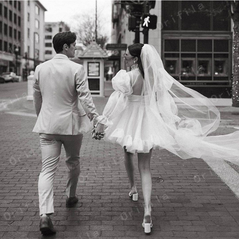 vestido de fiesta de boda Short Wedding Dress Long Sleeves White Mini Bridal Gowns Long robe de mariee