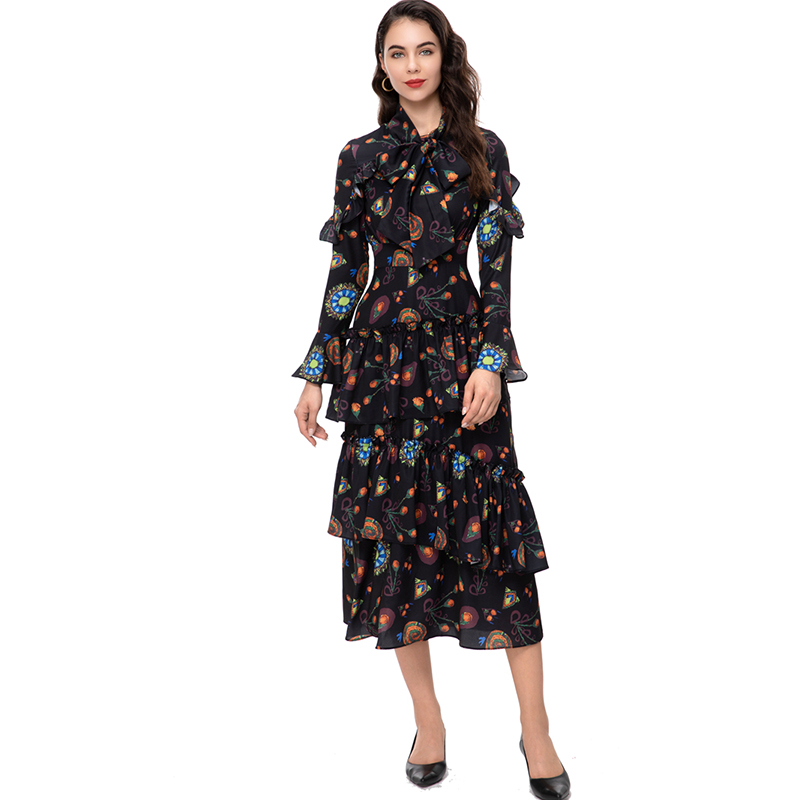 Women's Runway Dresses Lace Up Collar Long Sleeves Floral Printed Tiered Ruffles Fashion Designer Vestidos, Multi
Women's Runway Dresses Lace Up Collar Long Sleeves Floral Printed Tiered Ruffles Fashion Designer Vestidos, Multi