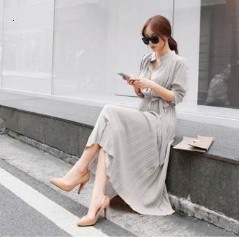 Casual Dresses Elegant Chiffon Long Sleeve Shirt Dress Women Belt Lace Up A-line Pleated Maxi Dress Korean Fashion Fall Clothes Streetwear 230313