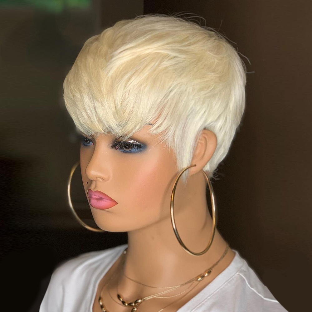 

Short Wavy Bob Pixie Cut Wig 613 Honey Blonde Color Short Lace Front Human Hair Wigs With Bangs For Black Women, Customize