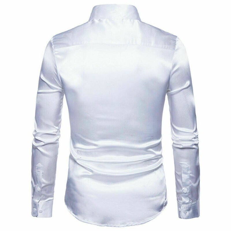 Men's T-Shirts Plus size S-XXL Men Shirt Silk Satin Smooth Men Solid Tuxedo Business Shirt Men Casual Slim Fit Shiny Gold Wedding Dress Shirts 23