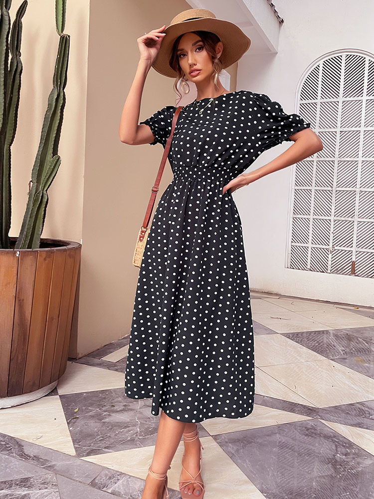 Casual Dresses JIM NORA Elegant Summer Beach Sundress Midi Dress Women Boho Chiffon Polka Dot Casual Mid-length Temperament Retro Dresses 230313