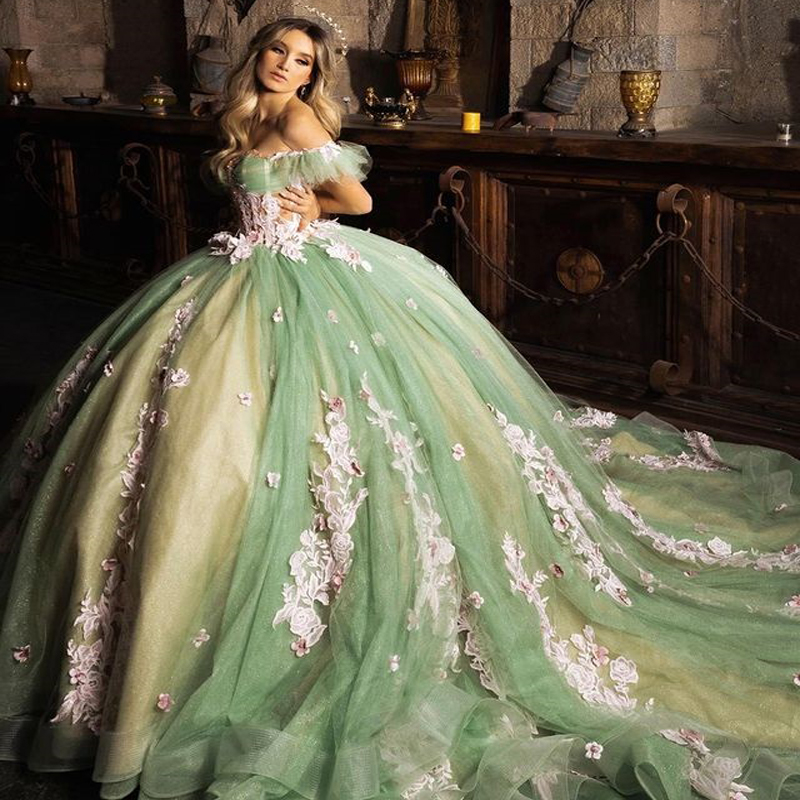 Green Sweetheart Off The Shoulder Quinceanera Dresses Ball Gown Floral Appliques Lace Tull Corset For Sweet 15 Girls Party Dress