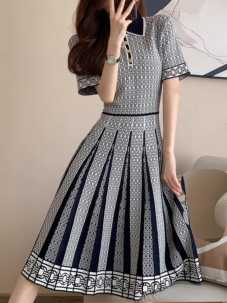 Casual Dresses Retro Elegant Knitted Dress Summer Waist Thin Knitted Skirt Short Sleeve Dress Fashion Women'S Clothing 230313