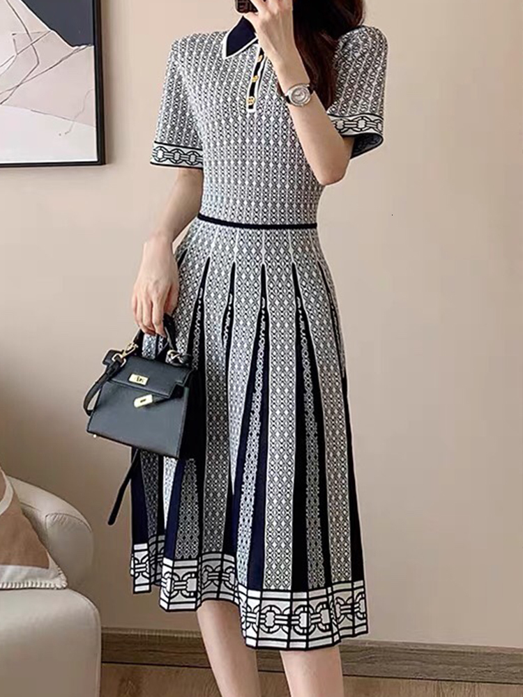 Casual Dresses Retro Elegant Knitted Dress Summer Waist Thin Knitted Skirt Short Sleeve Dress Fashion Women'S Clothing 230313