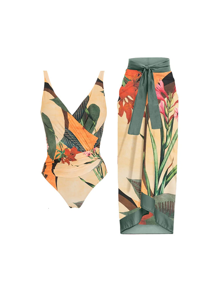 Women's Swimwear Vintage Women Ra Print Bikini Sets Swimsuit Skirt Sexy Asymmetrical Female Cover Up Beach Bathing Suits 230313