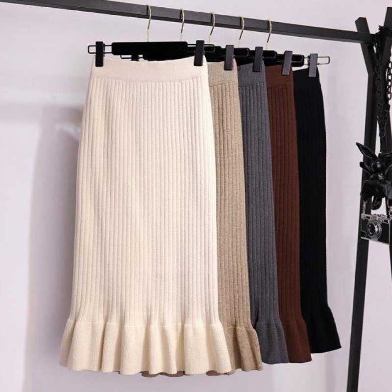 Skirts Women Elastic Waist Drawstring Skirts Knitted Medium Long Skirts Spring and autumn Midi Skirt Casual Office Female Skirts 230313