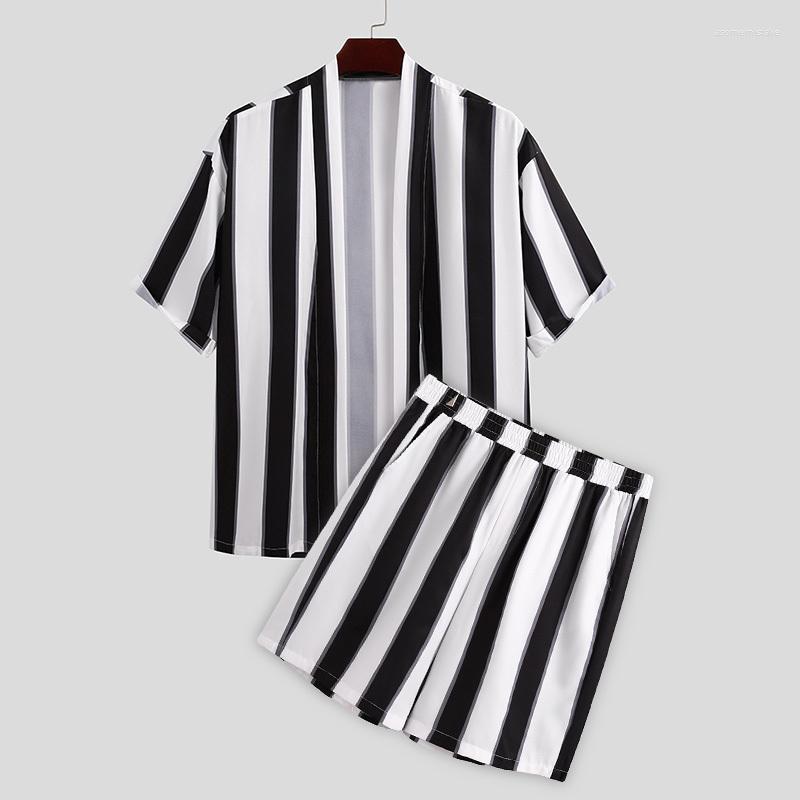 Men' Tracksuits Japanes Style Kimono Shirt Men Black White Vertical Striped Shirts Shorts Two Pieces Outfits Short Sleeve Sets, Navy blue 
Men' Tracksuits Japanes Style Kimono Shirt Men Black White Vertical Striped Shirts Shorts Two Pieces Outfits Short Sleeve Sets, Navy blue