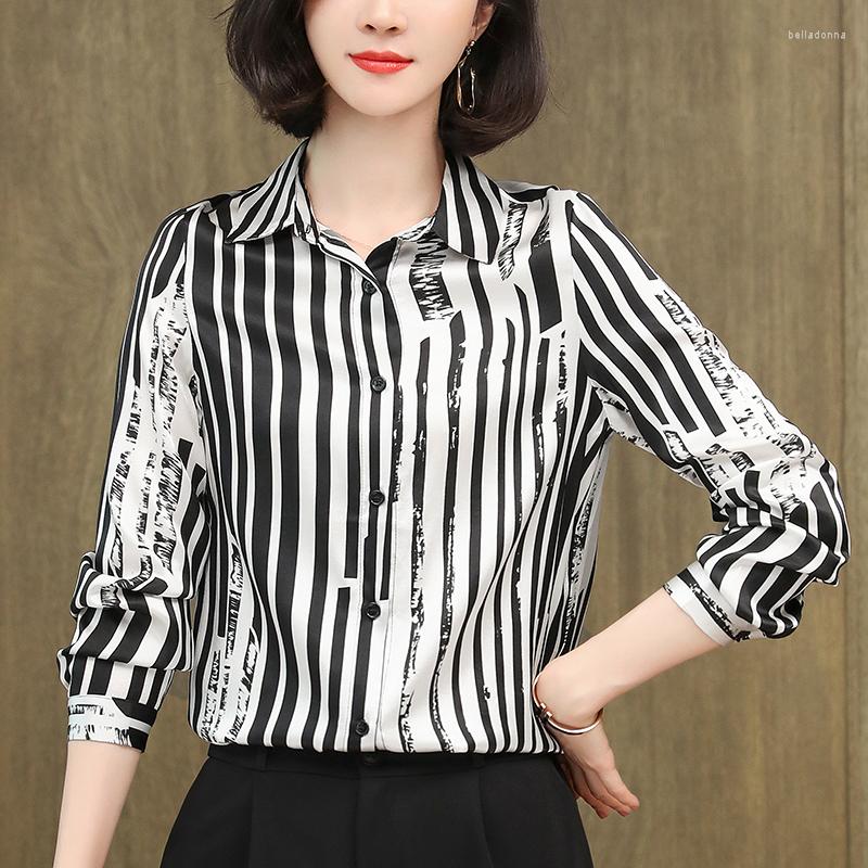Women's Blouses Real Silk Women's Satin Shirt Elegant Turn-down Collar Striped Shirts Women Long Sleeve Print Tops Woman Casual Blouse, Black 
Women's Blouses Real Silk Women's Satin Shirt Elegant Turn-down Collar Striped Shirts Women Long Sleeve Print Tops Woman Casual Blouse, Black