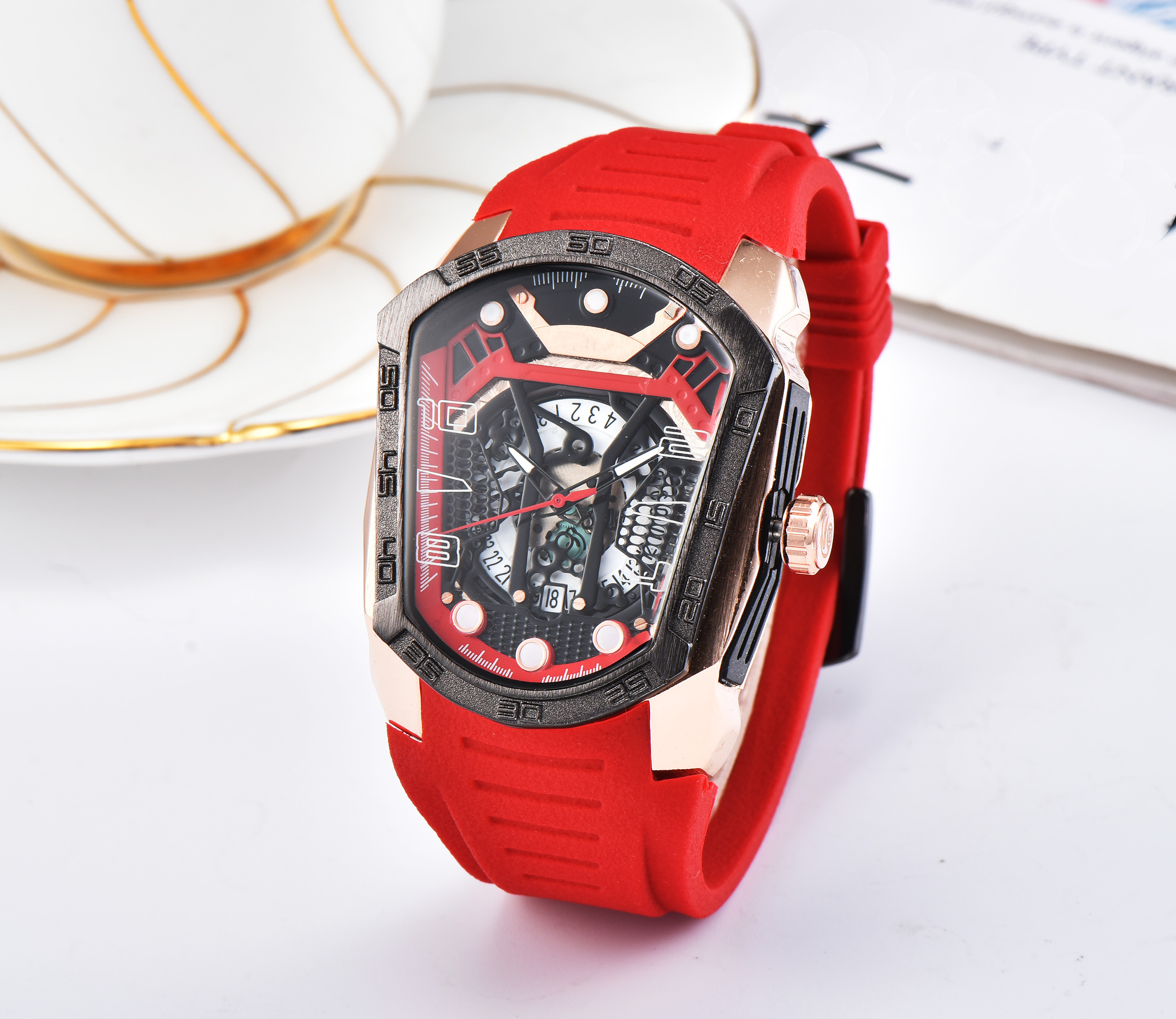 Manufacturers spot supply 2023 six needle running seconds quartz movement European and American hip hop personality tide brand hollowed-out cask watch, Red 
Manufacturers spot supply 2023 six needle running seconds quartz movement European and American hip hop personality tide brand hollowed-out cask watch, Red