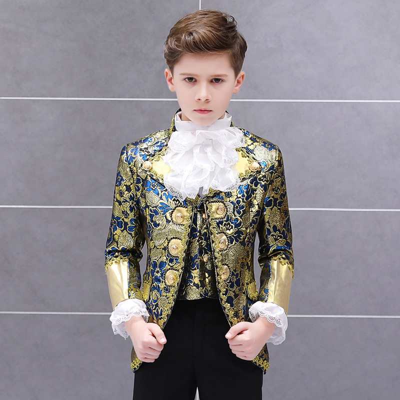 

Suits Boys Retro European Court Clothing Set Child Prince Charming Drama Show Dress Suit Kids Blazer Vest Pants Collar Flower Outfit 230313, Red