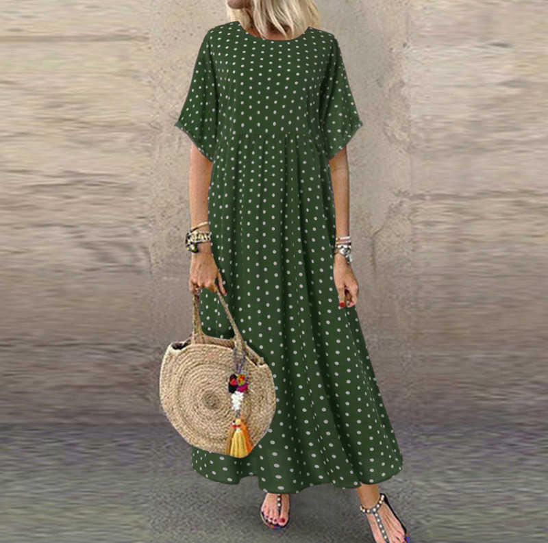 

2020 Women Sundress Vintage O-Neck Long Maxi Dress Female Casual Dot Pinted Summer Dress Beach Boho Dresses Vestidos Robe, Style 2