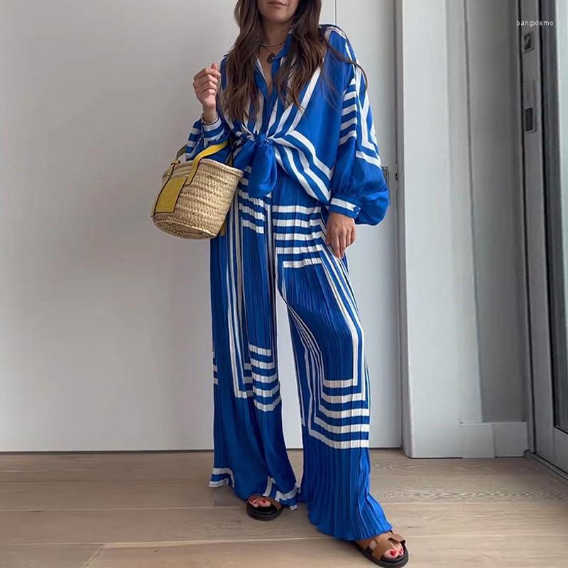 Women' Tracksuits Women Casual Long Sleeve Loose Shirt Outfits Office Fashion Striped Printed Suits Elegant Lapel Collar Tops And Pants, 01 blue
Women' Tracksuits Women Casual Long Sleeve Loose Shirt Outfits Office Fashion Striped Printed Suits Elegant Lapel Collar Tops And Pants, 01 blue