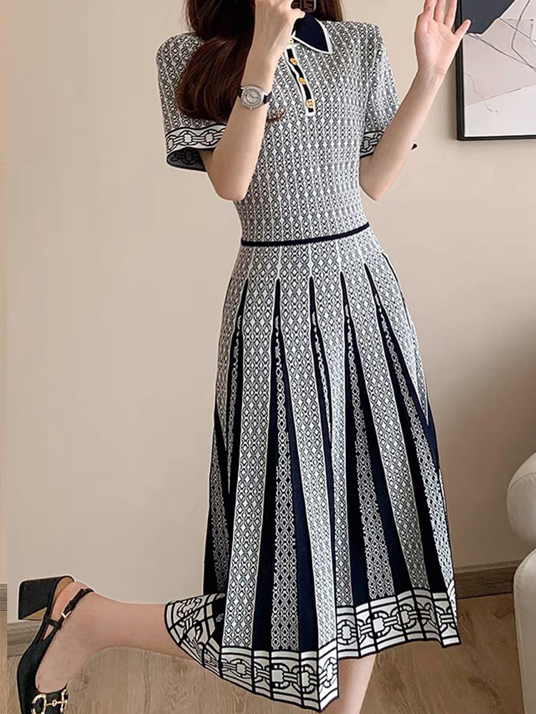 Casual Dresses Retro Elegant Knitted Dress Summer Waist Thin Knitted Skirt Short Sleeve Dress Fashion Women'S Clothing 230313