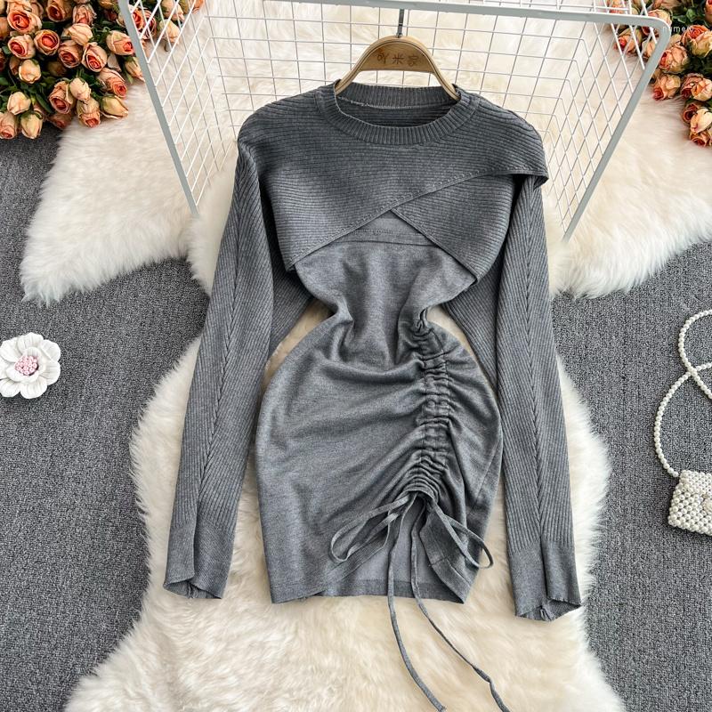 Casual Dresses Fashion Sexy Drawstring Fold Suspender Hip Wrap Dress Women's Spring Autumn Round Neck Shawl Top And Slip Two Piece Sets, Black