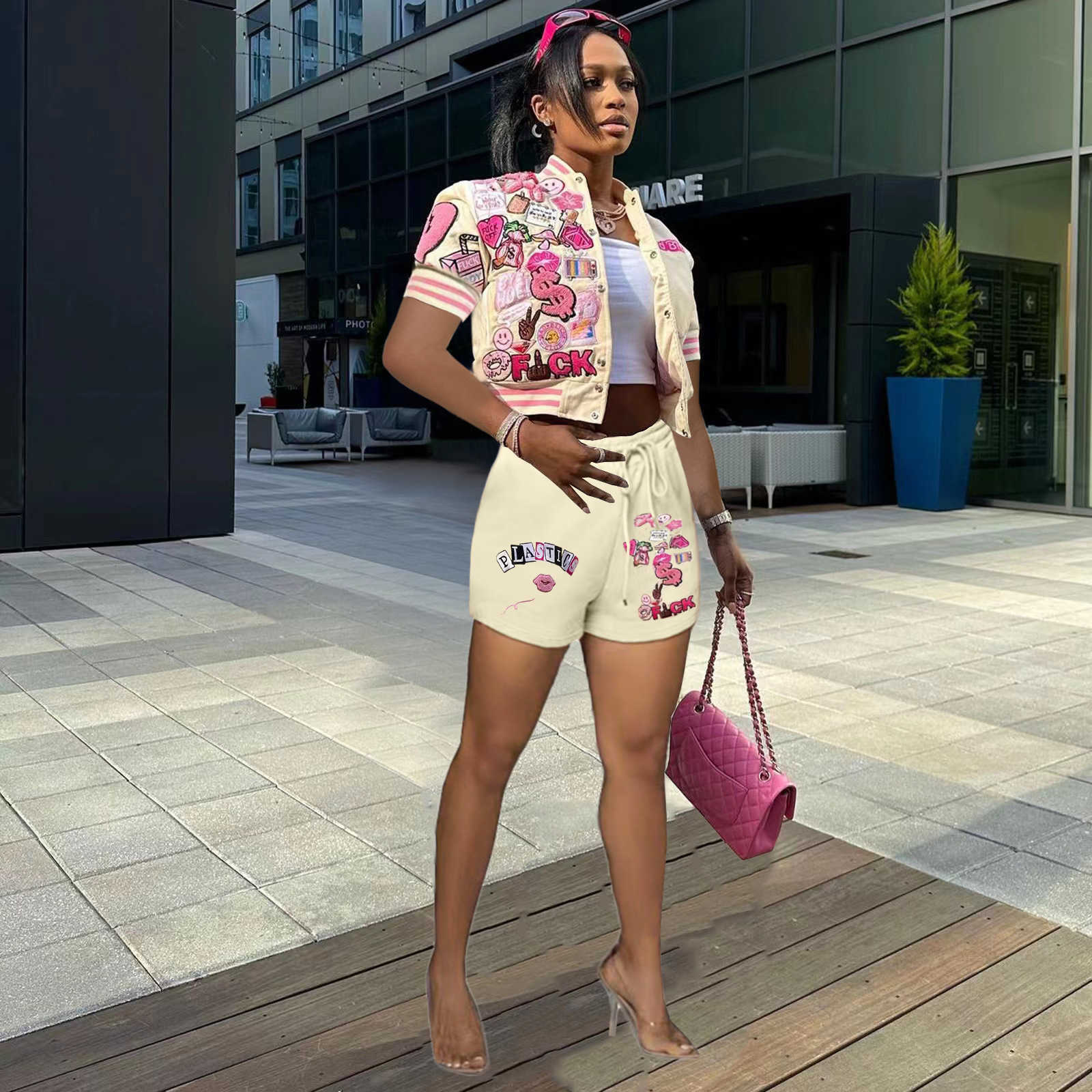 2023 Fashion Womens Tracksuits 2 Piece Shorts Sets Casual Printed Baseball Jacket Suit Short Sleeve Outfits Casual Active Sportswear
