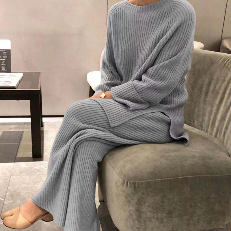 Women's Two Piece Pants Elegant Soft Knit Set for Women Simple Warm Sweater 2 Pieces O Neck Pullover Elastic Waist Wide Leg Pant Autumn Winter Ho