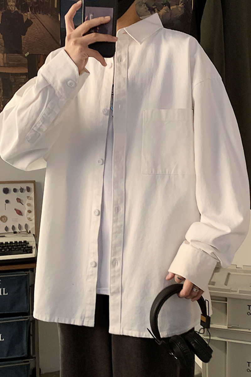 Men's Casual Shirts Pure white Long Sleeve Shirt Men's youth loose large fashion simple casual shirt autumn and winter solid color coat Cott