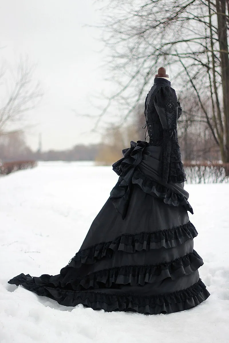Wedding Victorian Vintage Gothic Black Bustle Historical Medieval Bridal Gowns High Neck Long Sleeves Corset Winter Cosplay Masquerade Dresses