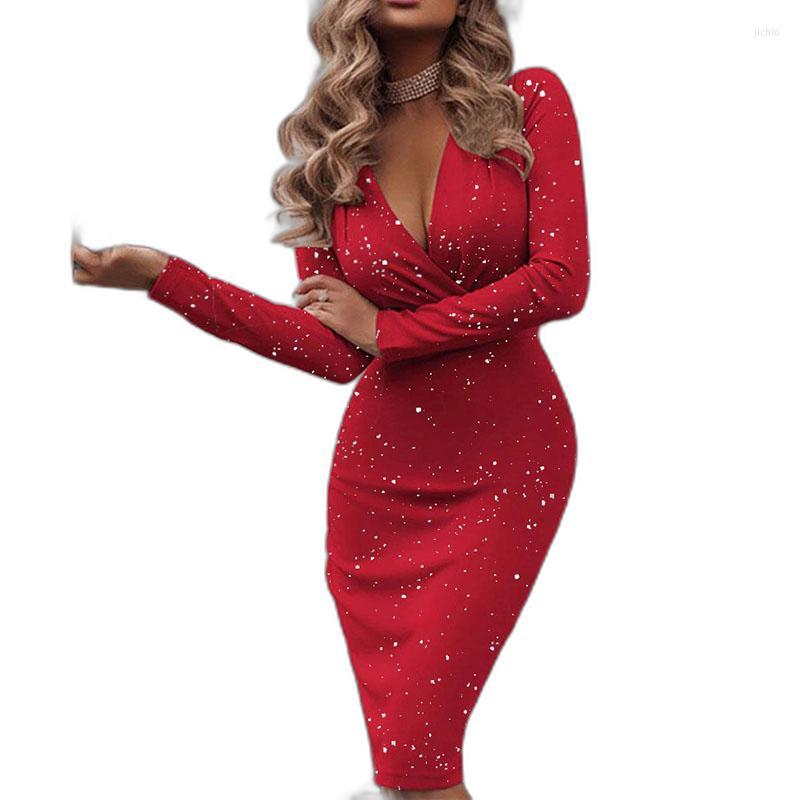 Casual Dresses Lady Spring Solid Color Bodycon Evening Dress Elegant Deep V Neck Long Sleeve Party Sexy Glitter Hip Wrap Folds Midi