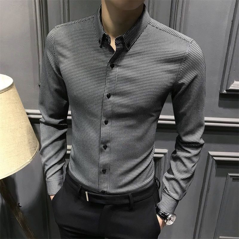 Men's Casual Shirts Business Men Clothing Plaid Shirt Long Sleeve Men's Slim Top Gentleman Casual Turn-down Collar Solid Fashion Trend Shirt