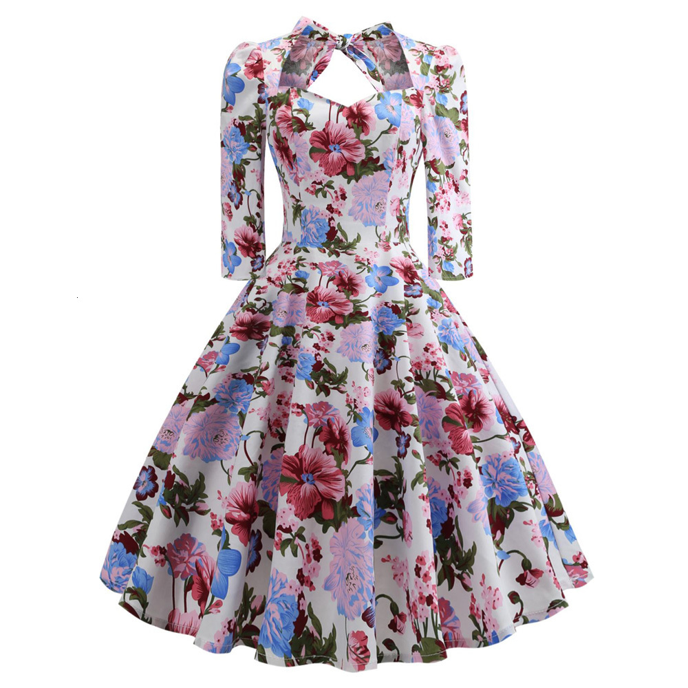 Party Dresses Sexy Sweetheart Neck Vintage Women Dress Pin up Swing Floral Half Sleeves Bowknot Vestidos Evening Party Rockabilly Retro Dress 230314