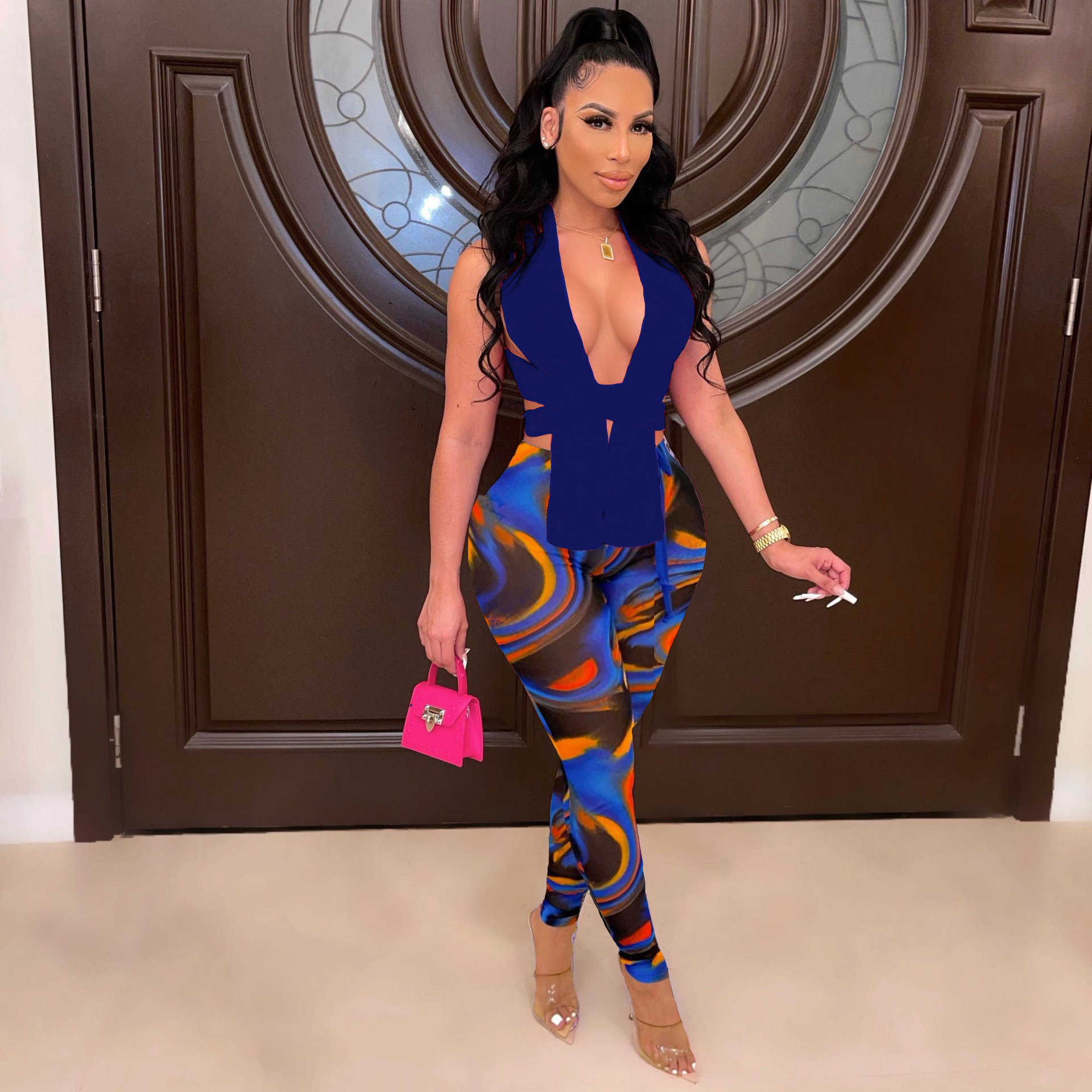 women's tracksuits leisure two-piece set neck wrap chest printed Pants trouser suit with and chest