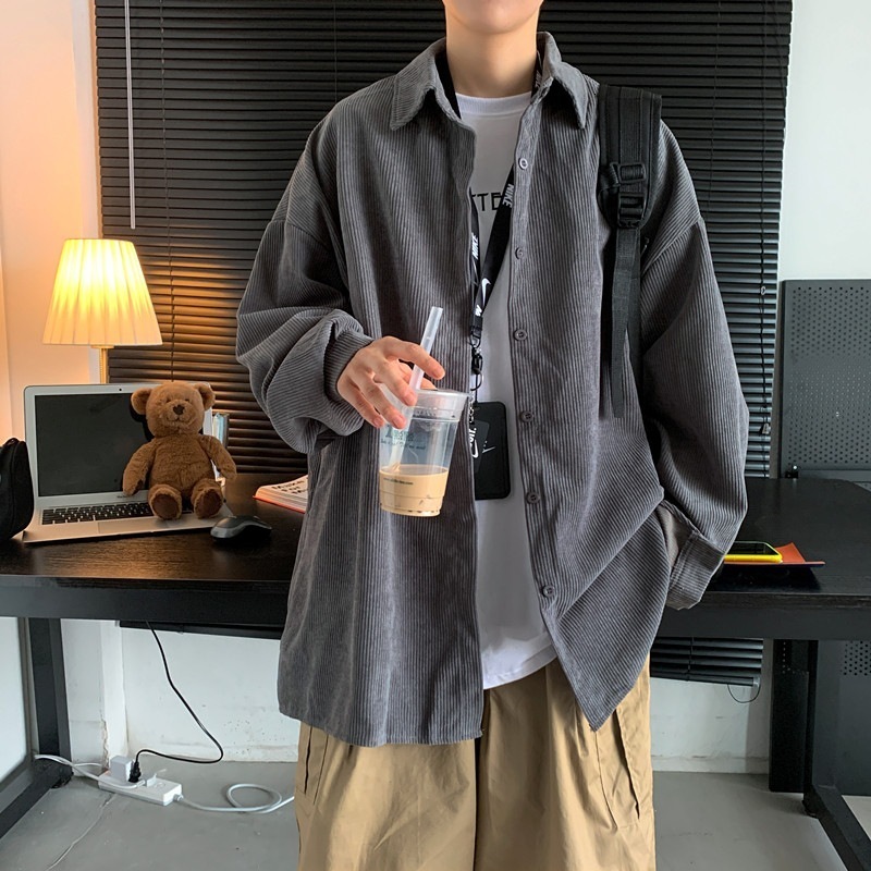 Men's Casual Shirts Khaki Corduroy Men Shirts Fashion Korean Oversized Baggy Tops Spring Autumn Cardigan Long Sleeve Blouse Vintage Male Y2K Clot