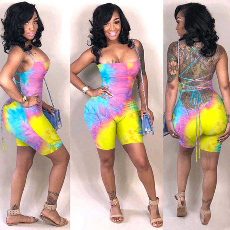 women jumpsuit 2023 summer Tie-dye solid color backless sexy women's open-back strapping tights nightclub clubwear jumpsuits amp rompers