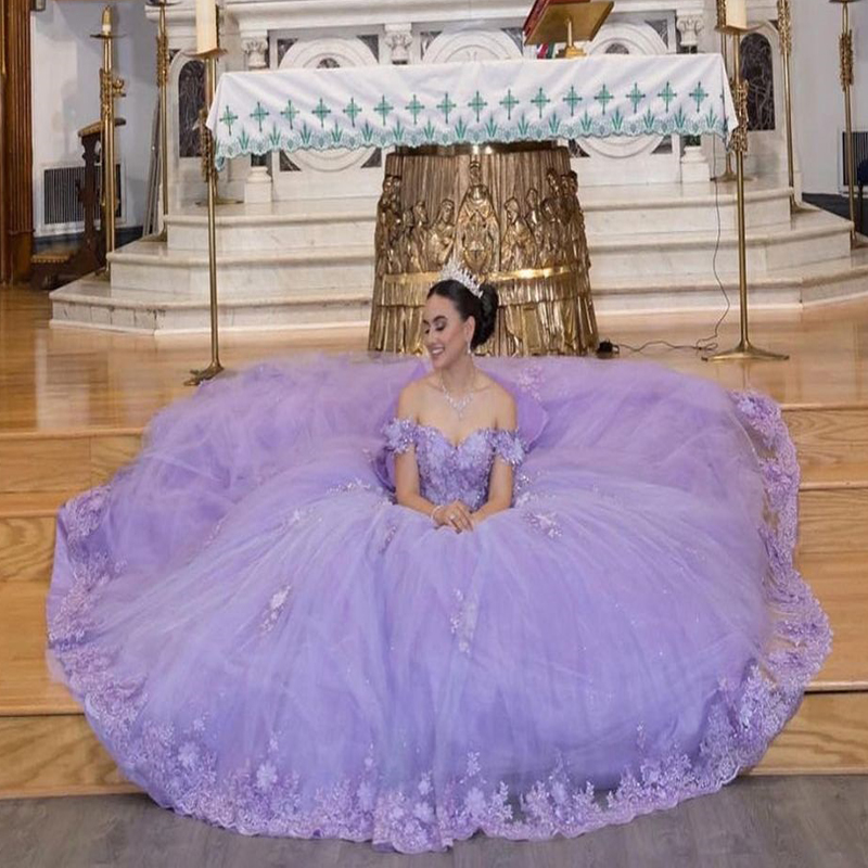 Quinceanera Dresses Princess Purple Sweetheart Appliques Lace 3D Flowers Big Bow Ball Gown with Plus Size Sweet 16 Debutante Party Birthday Vestidos D