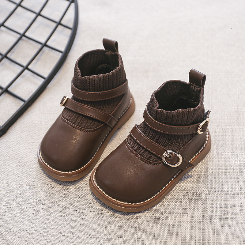 First Walkers Kids Pu Knit Splicing Ankle Boots for Girl Slip-on Shoes Autumn Winter Child School Uniform Round Toes Pricess Casual Boots 230314