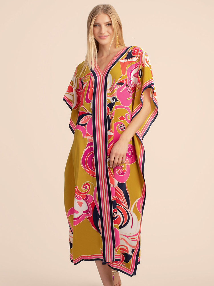 Shawls Bohemian Dress Print Beach Cover up Pareos de Playa Mujer Over size Swimsuit Cover up Robe Plage Kaftan Tunic Maxi Dress 230314