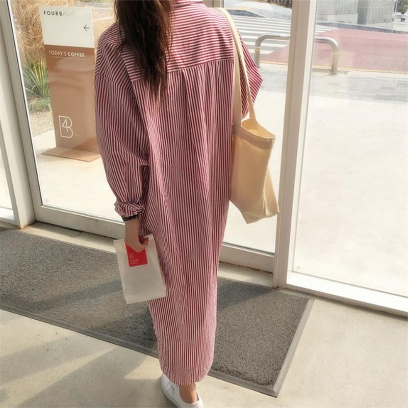 Casual Dresses Loose Classic Vertical Stripe Long Shirt Dress Maxi Sleeve Polo Neck Women Autumn Single Breasted 2024 Work Clothes