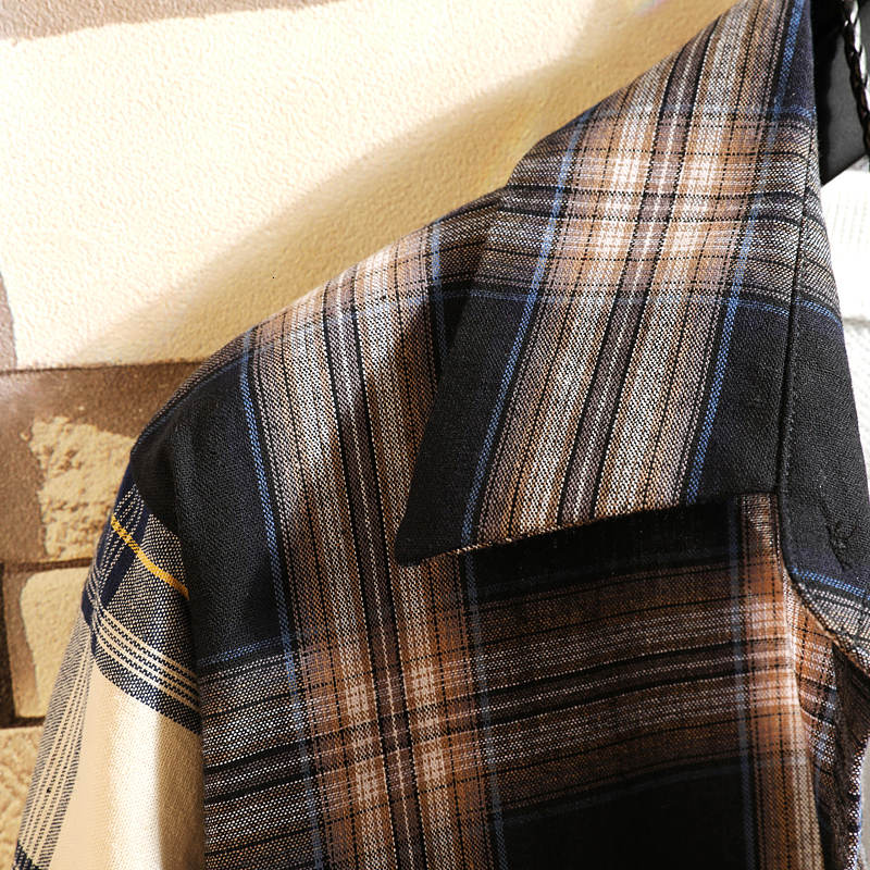 Men's Casual Shirts Plaid Contrast Colour Casual Loose Shirt Fashion Patchwork Long Sleeve Casual Shirt Hip Hop Street Clothing Men's Shirt 