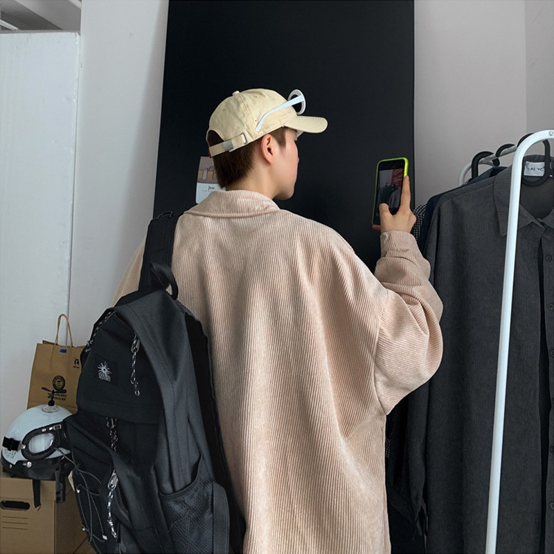 Men's Casual Shirts Khaki Corduroy Men Shirts Fashion Korean Oversized Baggy Tops Spring Autumn Cardigan Long Sleeve Blouse Vintage Male Y2K Clot