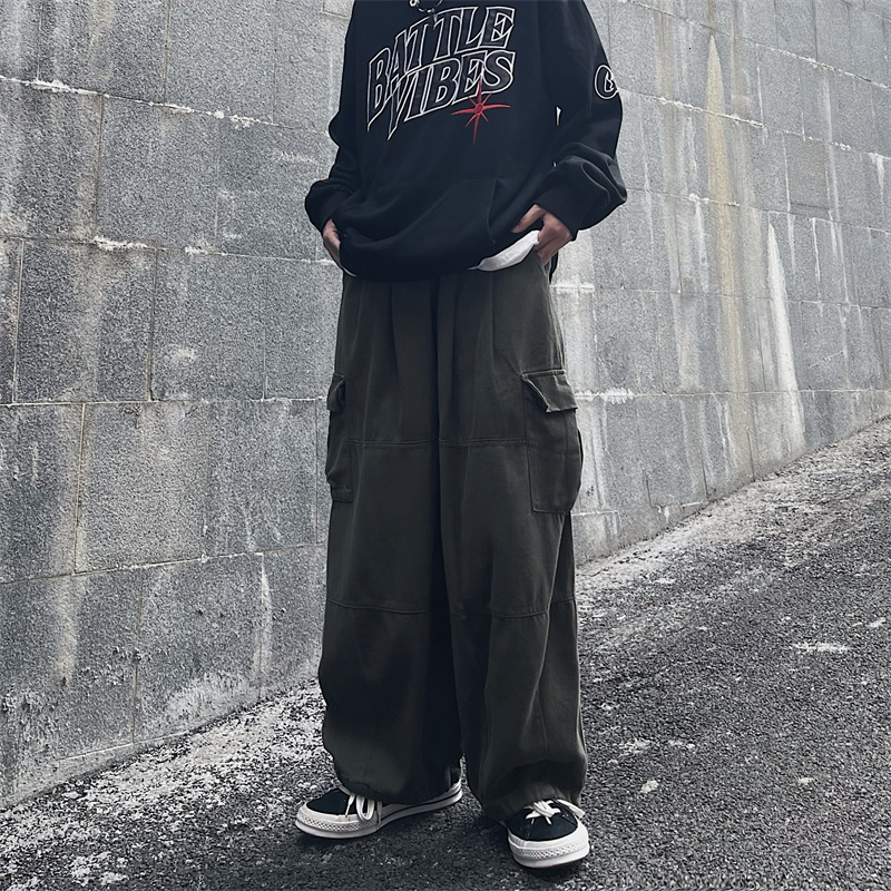 Mens Pants Big Pocket Cargo Casual Solid Color Straight Baggy Wideleg Anklelength Men Elastic Waist 230314